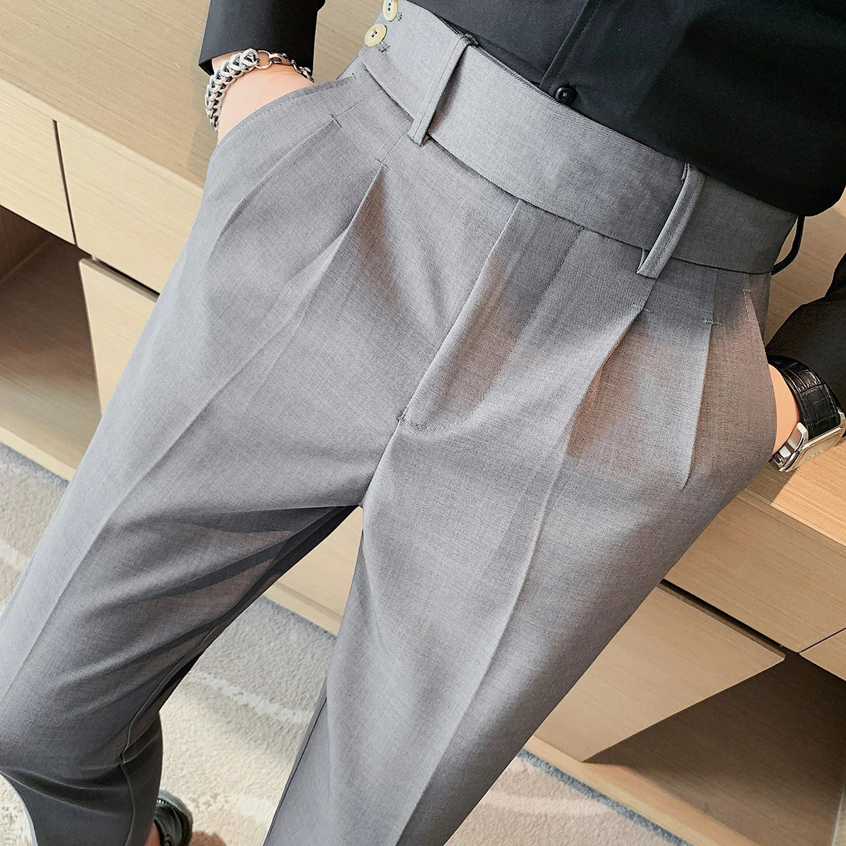 Bonsir British Style Twill Pleat Design Naples High Waist Casual Trousers Fashion Man Slim Simple Social Party Suit Pant Plus Size 38