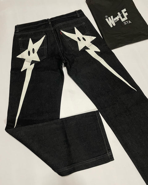 PROTECT Y2k New Hip Hop Cross Star Print Jeans Gothic Retro Baggy Blue  Black Men Denim