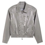 Bonsir Autumn Mens Wear Y2k Leather Glossy Design Niche Shoulder Pad Lapel Jacket Men'S Casual Loose High Street Short Jacket