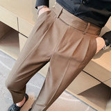 Bonsir British Style Twill Pleat Design Naples High Waist Casual Trousers Fashion Man Slim Simple Social Party Suit Pant Plus Size 38