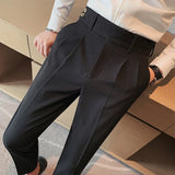 Bonsir British Style Twill Pleat Design Naples High Waist Casual Trousers Fashion Man Slim Simple Social Party Suit Pant Plus Size 38