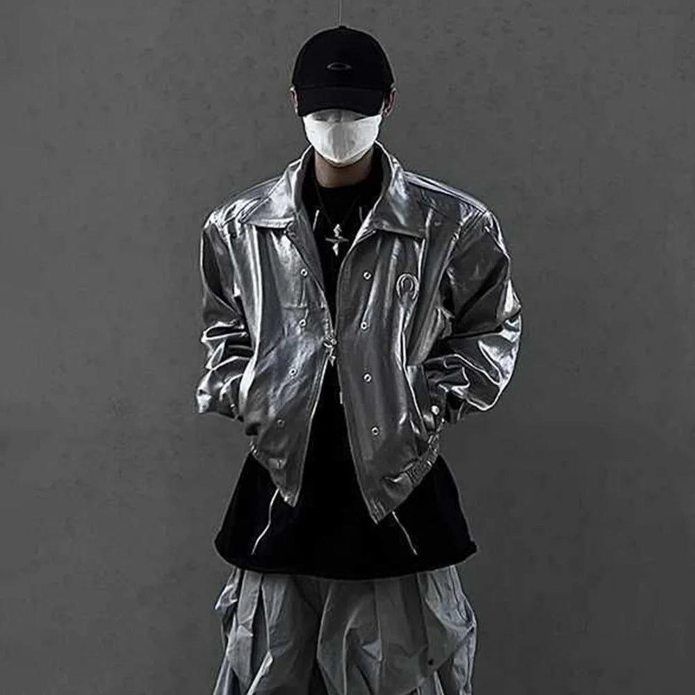 Bonsir Autumn Mens Wear Y2k Leather Glossy Design Niche Shoulder Pad Lapel Jacket Men'S Casual Loose High Street Short Jacket