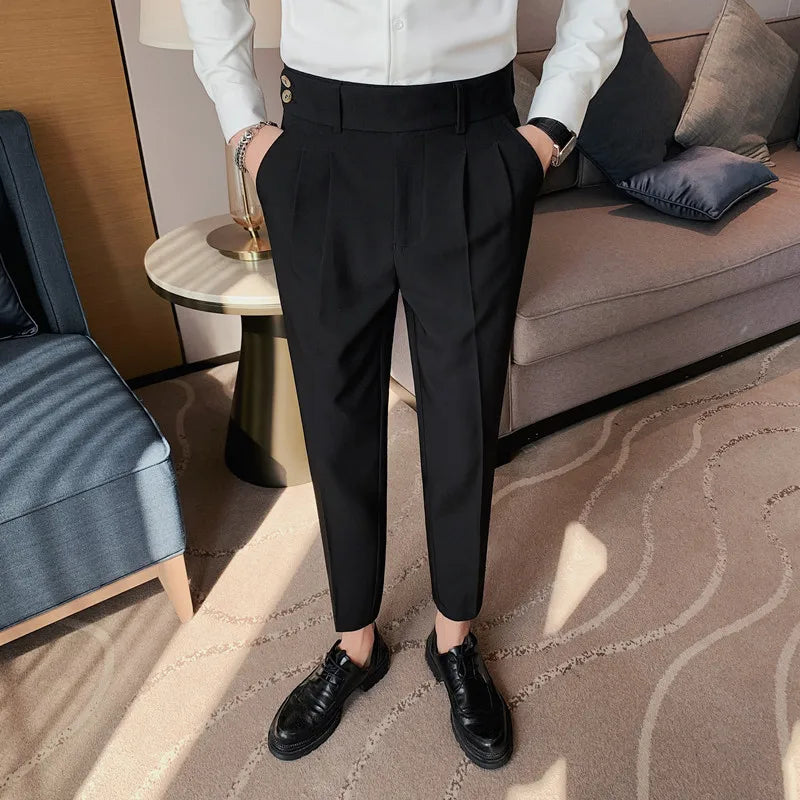Bonsir British Style Twill Pleat Design Naples High Waist Casual Trousers Fashion Man Slim Simple Social Party Suit Pant Plus Size 38