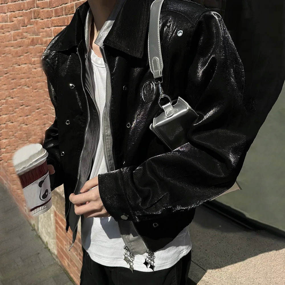 Bonsir Autumn Mens Wear Y2k Leather Glossy Design Niche Shoulder Pad Lapel Jacket Men'S Casual Loose High Street Short Jacket