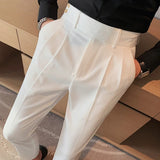 Bonsir British Style Twill Pleat Design Naples High Waist Casual Trousers Fashion Man Slim Simple Social Party Suit Pant Plus Size 38