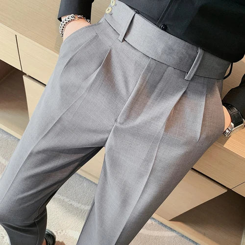 Bonsir British Style Twill Pleat Design Naples High Waist Casual Trousers Fashion Man Slim Simple Social Party Suit Pant Plus Size 38