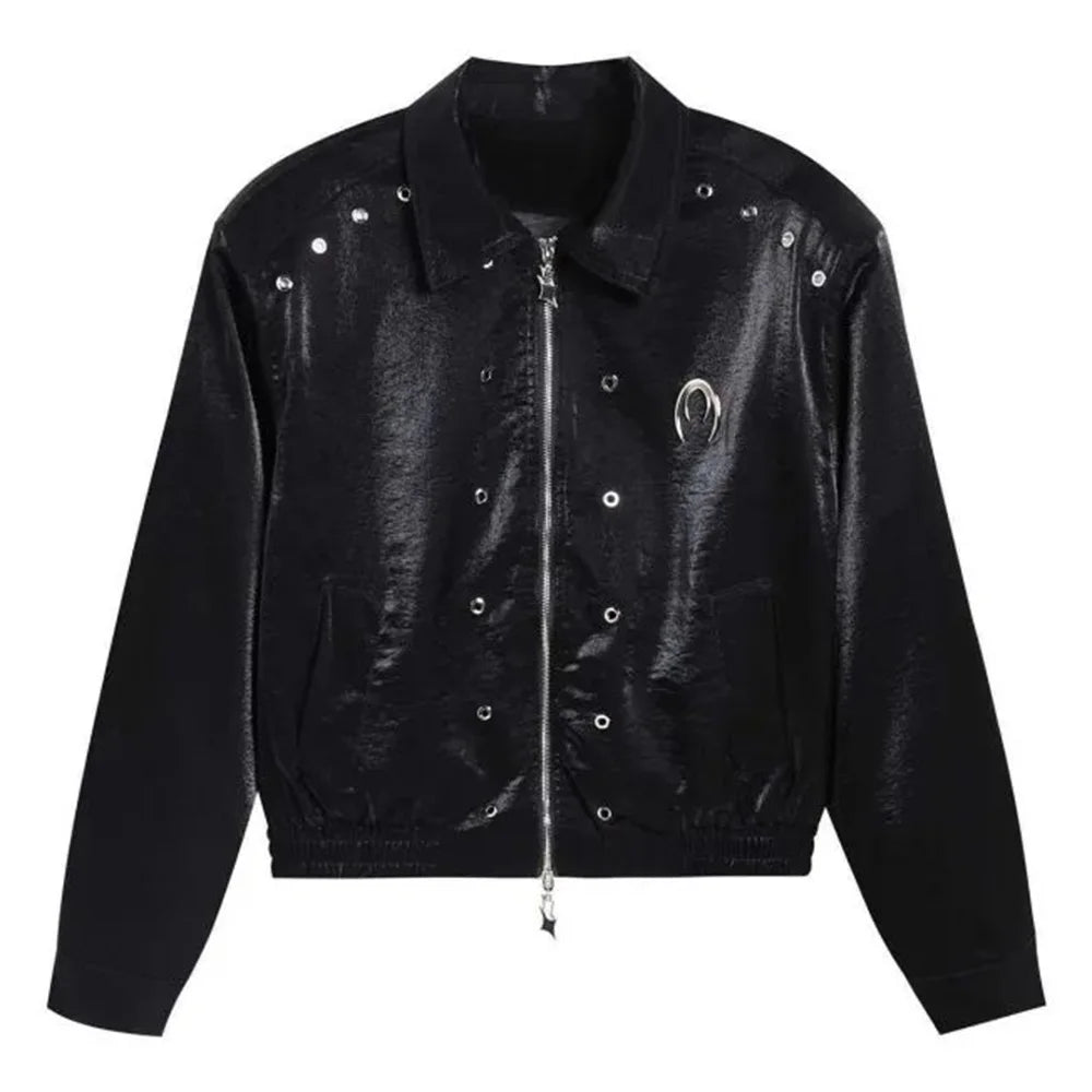 Bonsir Autumn Mens Wear Y2k Leather Glossy Design Niche Shoulder Pad Lapel Jacket Men'S Casual Loose High Street Short Jacket