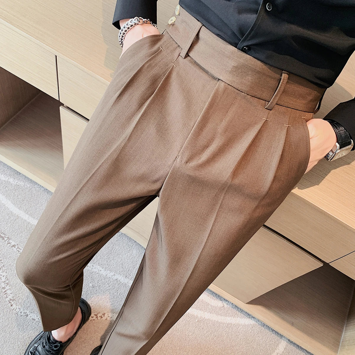 Bonsir British Style Twill Pleat Design Naples High Waist Casual Trousers Fashion Man Slim Simple Social Party Suit Pant Plus Size 38
