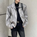 Bonsir Autumn Mens Wear Y2k Leather Glossy Design Niche Shoulder Pad Lapel Jacket Men'S Casual Loose High Street Short Jacket