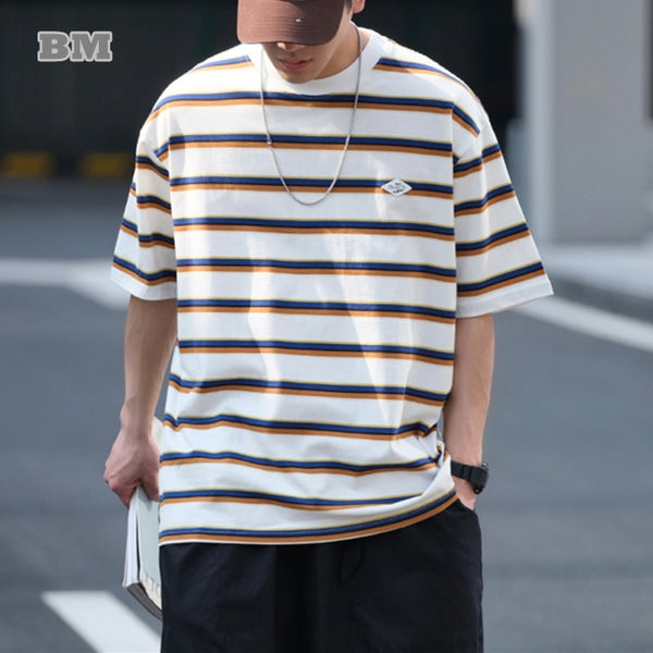 Bonsir Summer Japanese Streetwear Striped T Shirt Men