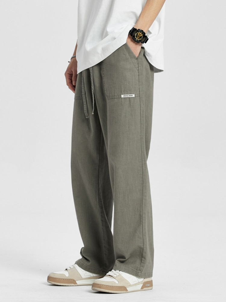 Spring Summer Men Pants Elastic Waist Trendy Korean Style Casual Drawstring  Pants Men Straight-leg Trouser