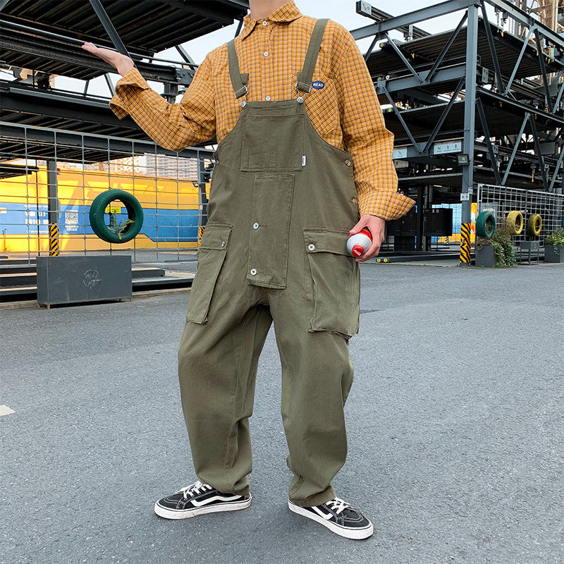 black men fashion urban Japanese Style Retro Loose Workwear plus Size One-Piece Suspender Pants Men's Trendy Hip Hop Wide-Leg Daddy Suspender Pants