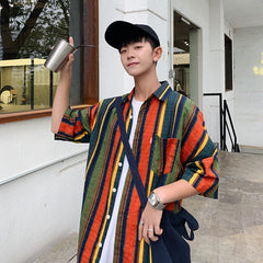 90s streetwear Summer New Men's Casual Short-Sleeved Shirt Trendy Korean Style Contrast Color Striped Loose Shirt 