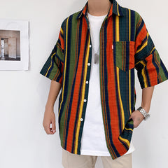 90s streetwear Summer New Men's Casual Short-Sleeved Shirt Trendy Korean Style Contrast Color Striped Loose Shirt 