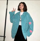 Bonsir Men Cargo Corduroy Jacket Vintage Loose Casual Couple Heart Graphic Button Candy Color Handsome Pleated Streetwear Coat