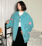 Bonsir Men Cargo Corduroy Jacket Vintage Loose Casual Couple Heart Graphic Button Candy Color Handsome Pleated Streetwear Coat