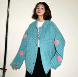 Bonsir Men Cargo Corduroy Jacket Vintage Loose Casual Couple Heart Graphic Button Candy Color Handsome Pleated Streetwear Coat