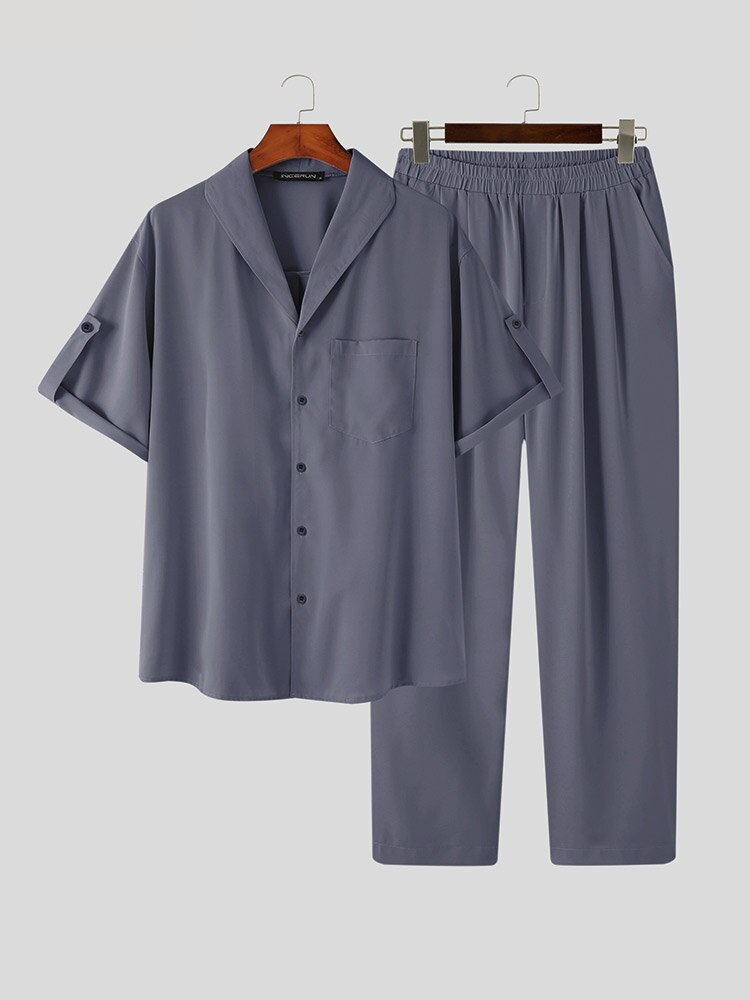 Summer Cotton Linen Shirt Set Men's Casual 2-Piece Suit Pajamas Short  Sleeve Set