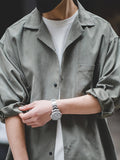 Bonsir Men's Vintage Long Sleeve Shirt, Peach Skin Suede, Loose Cuban Collar, Thin Polyester Casual Shirt for Spring/Autumn, Regular Fit with Pockets, Single Button Front, Adult Casual Wear