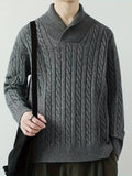 Bonsir Men's Solid Cable Knit Pullover, Casual Long Sleeve Slim-fit Shawl Collar Sweater For Fall Winter