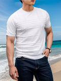 Bonsir Men's Breathable Knit T-Shirt - Casual Comfort Fit with Ribbed Texture, Round Neck, Short Sleeve, Summer Essential in White - Iron Wood Real