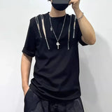 Bonsir Mens Dark Style Hollow Multi-Zipper Splicing T-Shirt New Genderless Youth Streetwear Personality Irregular Top Unisex