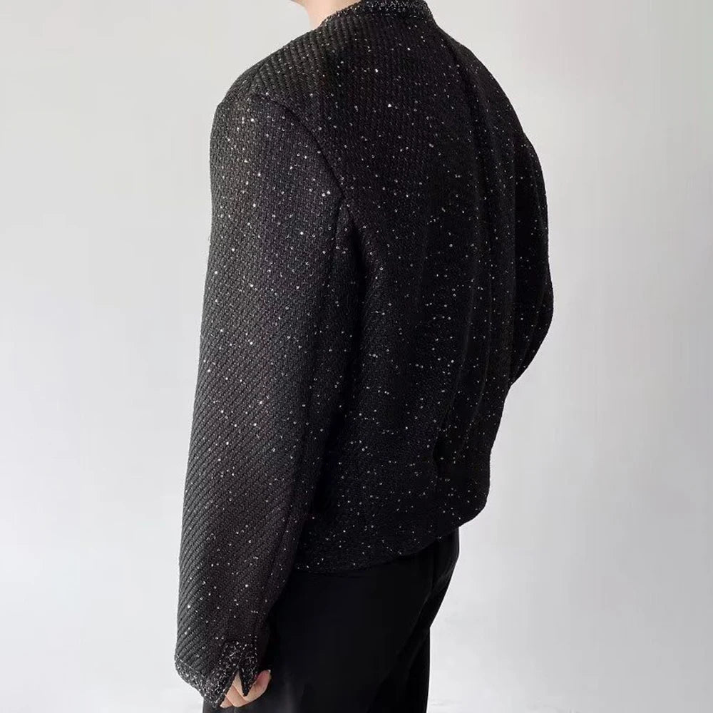 Bonsir Mens sequin performance slim jacket genderless 2024 new trendy French retro temperament versatile collarless jacket unisex