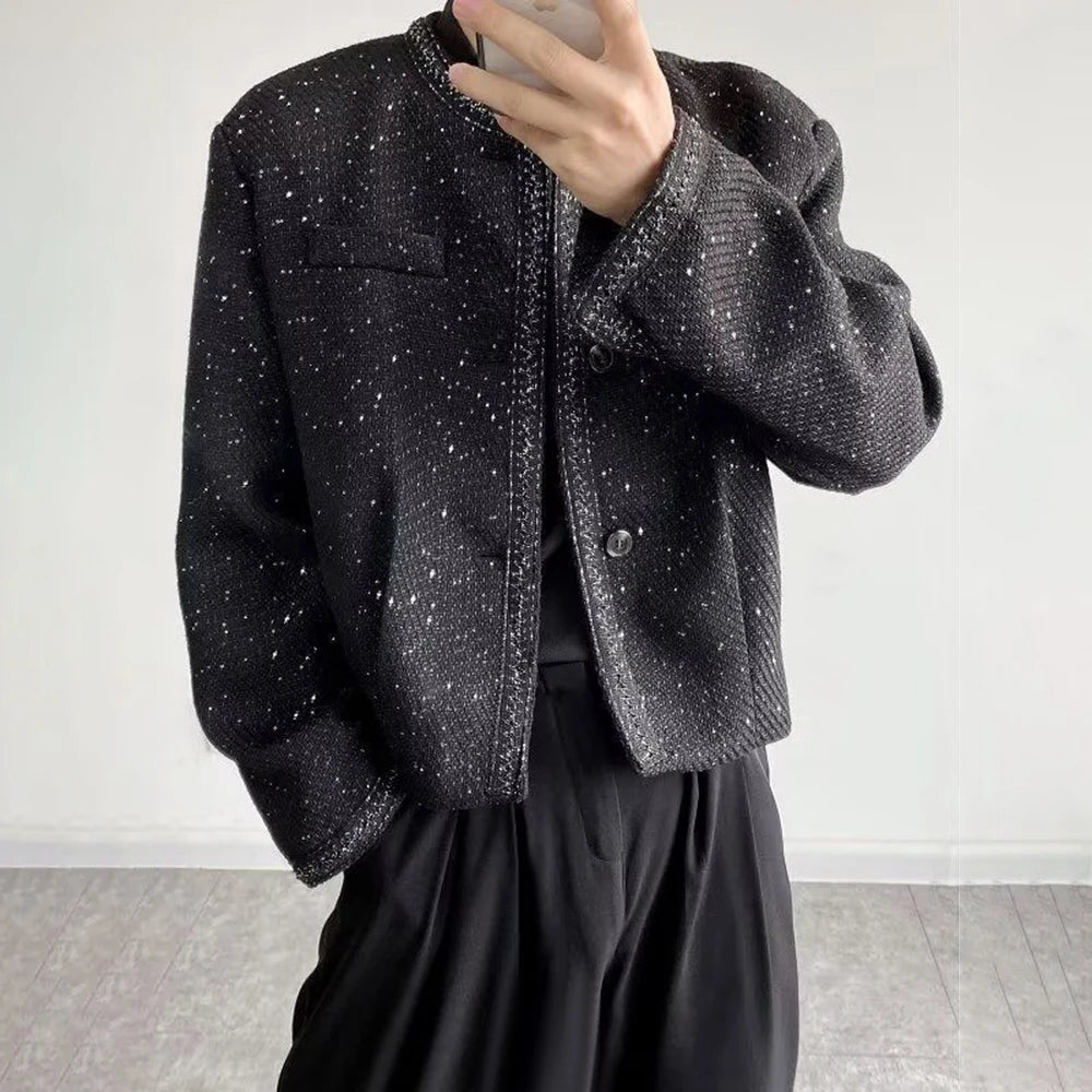 Bonsir Mens sequin performance slim jacket genderless 2024 new trendy French retro temperament versatile collarless jacket unisex