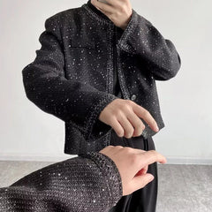 Bonsir Mens sequin performance slim jacket genderless 2024 new trendy French retro temperament versatile collarless jacket unisex