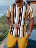 BONSIR  -  Men's Shirt Sets 3d Print Patchwork Lapel Short Sleeve Casual Shirt Beach Shorts Summer Streetwear Vacation Hawaiian Suits Men