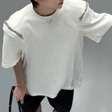 Bonsir Mens casual splicing see-through chain t-shirt 2024 new genderless youth trend streetwear back mesh see-through top unisex