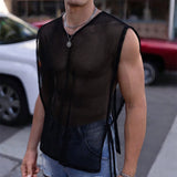 BONSIR  -  Streetwear Mens Mesh Tank Top Sexy Hollow Out See Through Mesh Camisoles Men Sleeveless V Neck Slim Lace-up Vest Tops Nightclub