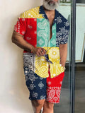 BONSIR  -  Men's Shirt Sets 3d Print Patchwork Lapel Short Sleeve Casual Shirt Beach Shorts Summer Streetwear Vacation Hawaiian Suits Men