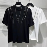 Bonsir Mens Dark Style Hollow Multi-Zipper Splicing T-Shirt New Genderless Youth Streetwear Personality Irregular Top Unisex