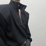 Bonsir Mens Y2k Shoulder Pad Cross Metal Zipper Polo Shirt Genderless 2024 New Youth Personality Versatile High Collar Long-Sleeve Top