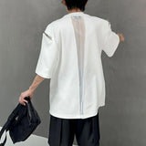 Bonsir Mens casual splicing see-through chain t-shirt 2024 new genderless youth trend streetwear back mesh see-through top unisex