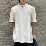 Bonsir Mens casual splicing see-through chain t-shirt 2024 new genderless youth trend streetwear back mesh see-through top unisex