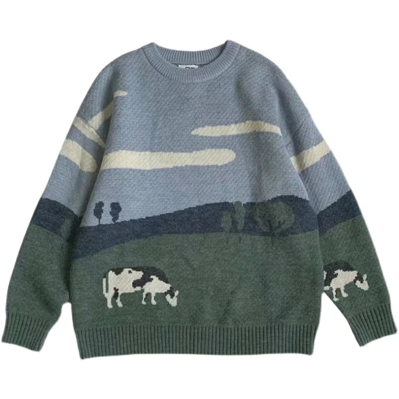 Bonsir Men Cows Vintage Winter Sweaters Pullover Mens O-Neck Korean Fashions Sweater Women Casual Harajuku Clothes