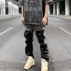 Bonsir Ankle Zipper Color Block Streetwear Straight Casual Cargo Pants for Men Drawstring Harajuku Oversize Hip Hop Loose Trousers