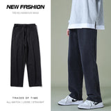 BONSIR  -  Autumn New Men's Black Denim Wide-leg Pants Streetwear Straight Loose Elastic Waist Jeans Korean Style Trousers Male