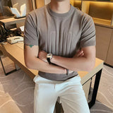 Bonsir British style Summer Solid Short Sleeve Knitted T-shirt Men Fashion O-Neck Stripe Slim Fit Tee High Quality Men Clothing 6Colors