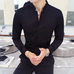 Bonsir Autumn New High Quality Solid Dress Shirt Men Long Sleeve Stand Collar Casual Shirt Men Black White Social Casual Business Shirt