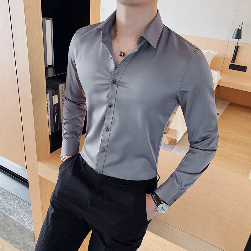 Bonsir 10 Colors High Quality Men Dress Shirt 2021 Autumn Long Sleeve Solid Business Slim Fit Shirts Homme Dress Social Casual Shirt