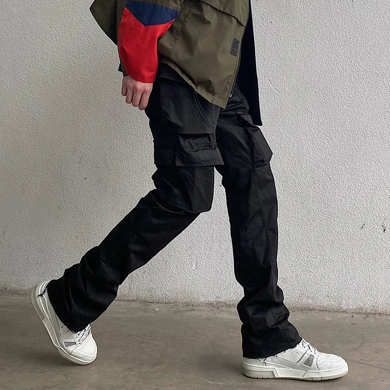 Bonsir Harajuku Multi-pockets Straight Flare Pants Mens High Street Elastic Waist Solid Loose Casual Cargo Pants Hip Hop Baggy Trousers