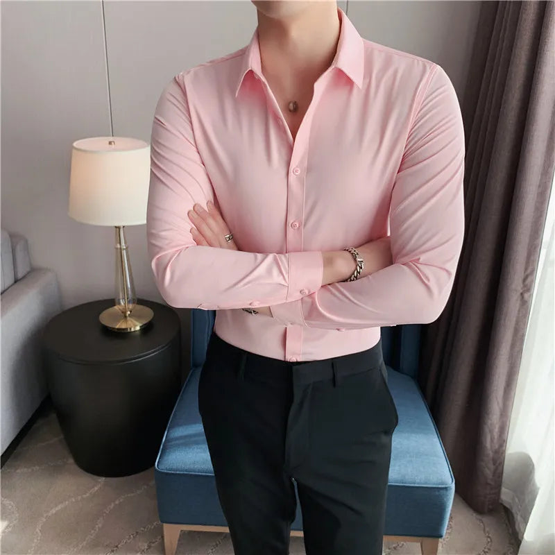 Bonsir Autumn High Quality Solid Dress Shirt Men Long Sleeve Fashion Slim Men Social Casual Business Shirt Black White Dress Shirt