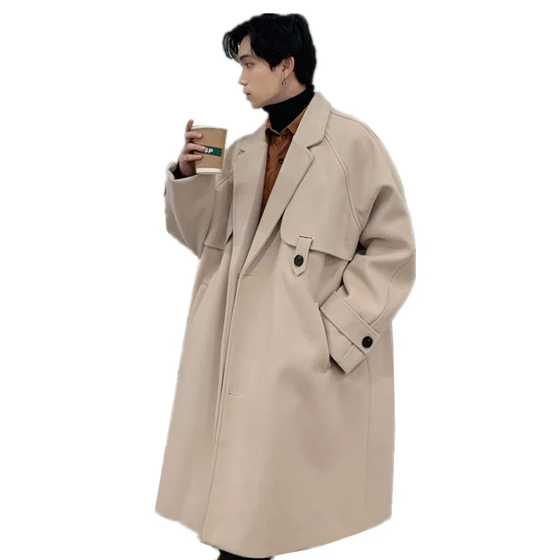 Bonsir Men's Loose Medium And Long Woolen Coat Autumn And Winter New Korean Fashion Trend Thin Windbreaker Casual Coat