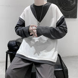 Bonsir Fake two long sleeved t-shirt men's autumn black and white contrast color sweater youth trend men's loose casual large coat