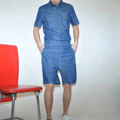 Bonsir Denim jumpsuit summer tide male jumpsuit short sleeve suit Korean fashion Slim original casual personality