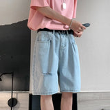 Bonsir Summer Men's Ripped Hole Jeans Shorts Blue Casual Knee-length Denim Short Pants Cotton Washed Classic Bermuda Shorts Male