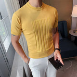 Bonsir British style Summer Solid Short Sleeve Knitted T-shirt Men Fashion O-Neck Stripe Slim Fit Tee High Quality Men Clothing 6Colors